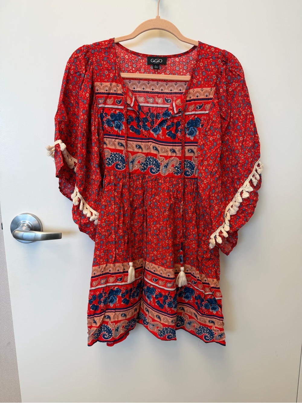 GGO Red Boho Tassel Dress with Navy Floral Panels